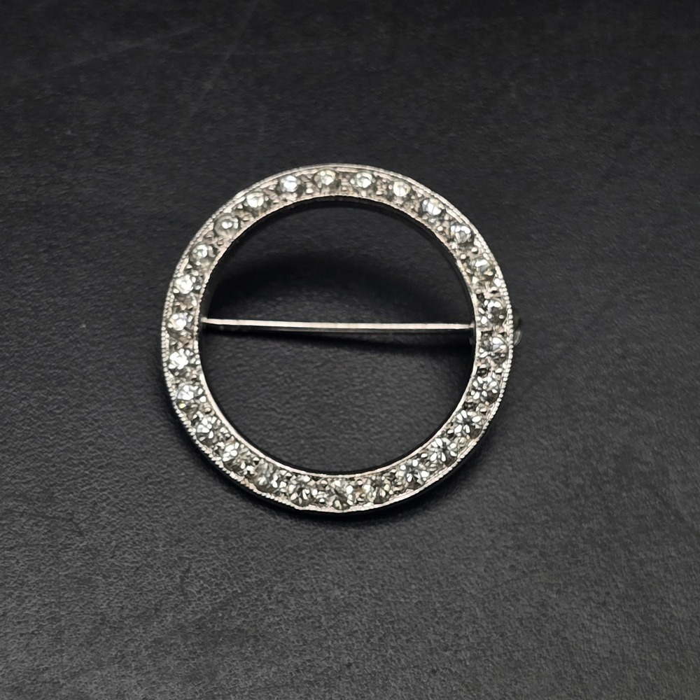 Sterling Silver Rhinestone Circle Brooch Vintage Costume Jewelry